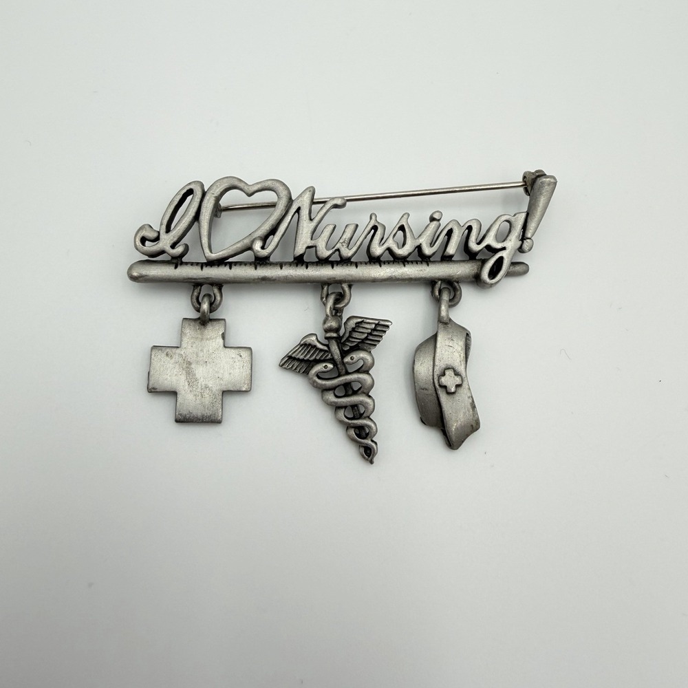 Vintage pewter nursing brooch pin I love nursing medical caduceus nurse cap